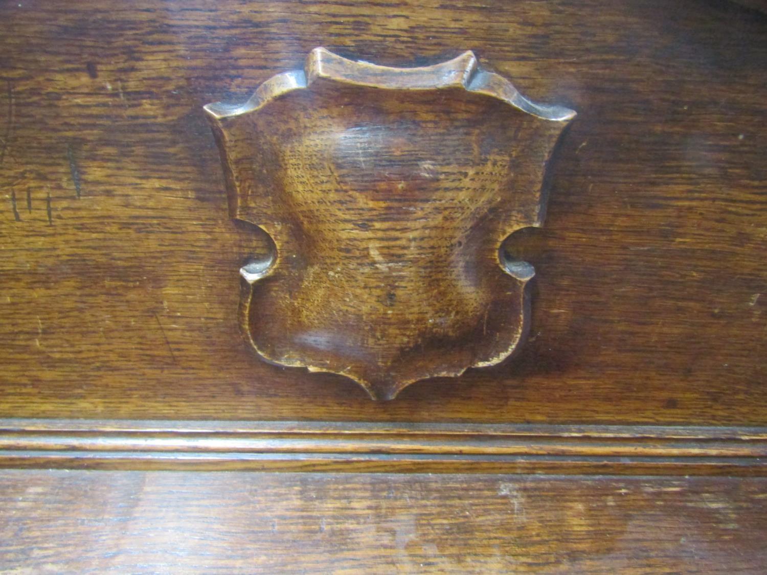 Mid-Victorian oak serving table of rectangular form, enclosing two frieze drawers, raised on four - Image 2 of 4