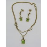 9ct peridot demi-parure comprising pendant necklace and drop earrings, 5.3g total (3)