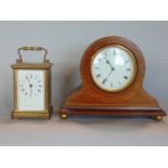 Brass carriage clock with cornice case and enamel front, roman numerals, 11cm high, together with