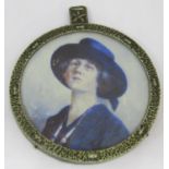Early 20th century British School, bust length miniature portrait of a woman in blue hat and