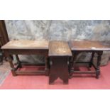 Three Old English oak stool, each rectangular with carved and other detail, 55cm long and smaller