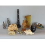 A box of interesting items to include a pair of Chinese terracotta figures, probably immortals,