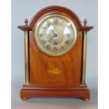 Edwardian walnut and boxwood inlaid mantle clock by Newbridge Works of Bath, silvered dial with