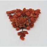 Victorian yellow metal coral brooch ornately carved in the form of a floral bouquet, with detachable