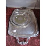 Good quality silver plated twin handled gallery tray, upon scallop shell feet, together with two