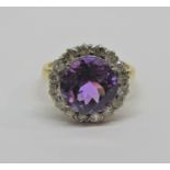 Amethyst and diamond halo cluster ring, size I/J, 4.2g