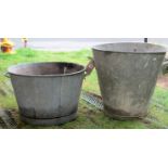 Two vintage galvanised buckets/tubs of tapered form, both with fixed loop side carrying handles