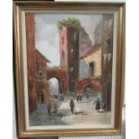 U Monica (20th century continental school) - View of a Mediterranean style town scene with