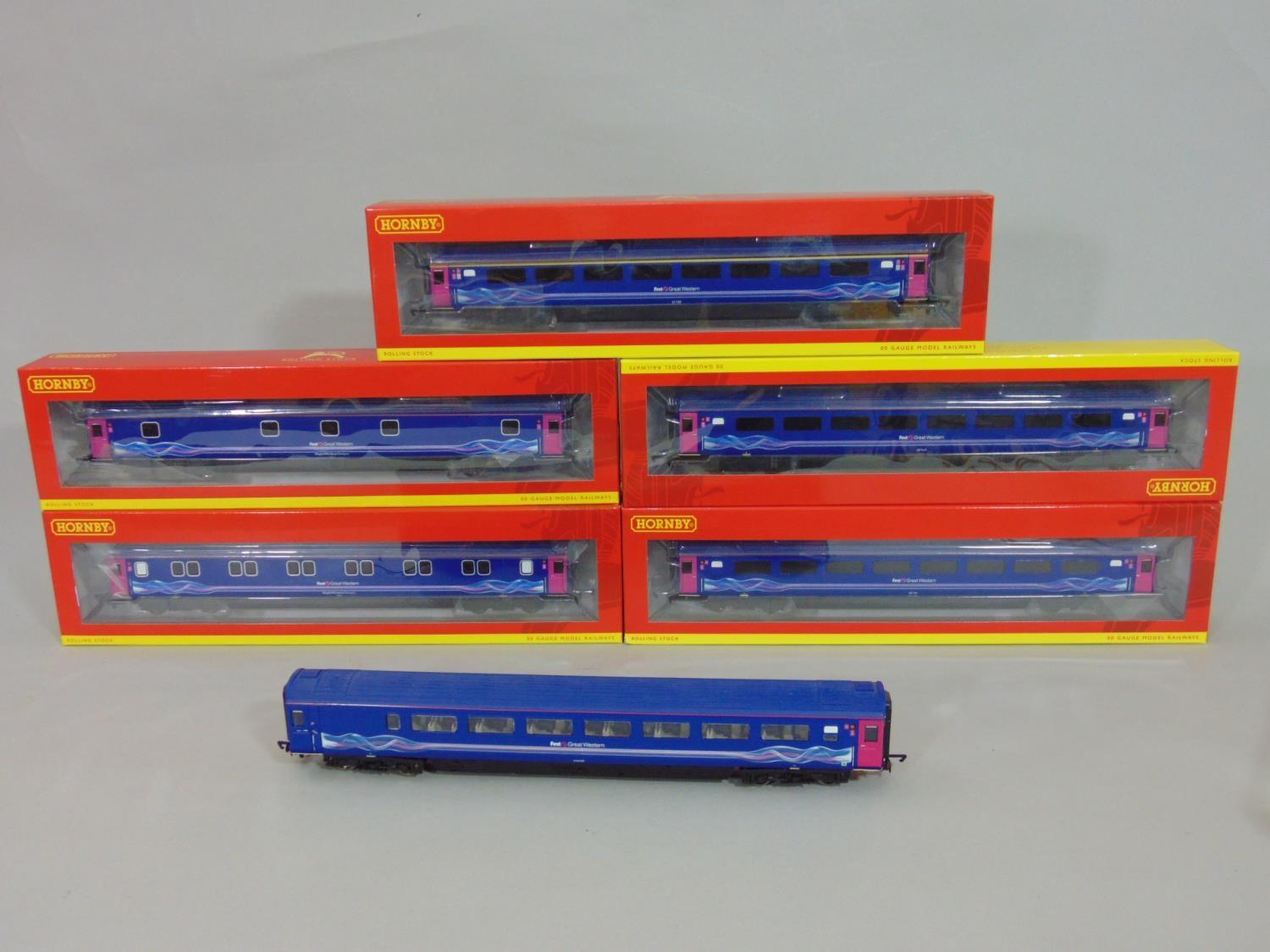 5 Hornby FGW Mk3 coaches with blue/ magenta livery, boxed, R4370G, R4597A, R4597, R4370C, R470D