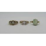 Three 9ct rings; an antique agate example and two examples set with quartz, 6.2g total (3)