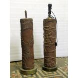 Two similar table lamps constructed/fashioned from vintage cylindrical cast metal printing rolls, 62