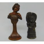Art nouveau bronze figure of an elegant woman of the period and a Victorian spelter figure of a well
