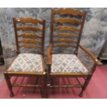 A set of eight (6+2) ladder-back dining chairs in mixed woods, ash and beech, mid-20th century in an