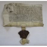 Charles I (or II) period parchment document with the remains of a large red seal, 23cm and 40cm