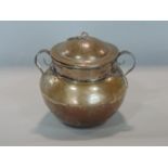 Antique eastern white metal twin squat baluster lidded pot, engraved with scrolled foliate band,