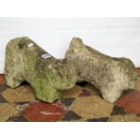 A pair of well weathered naive carved stone lions, 36 cm long x 22 cm in height