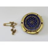 Victorian yellow metal brooch / pendant set with rose cut diamonds and with cobalt blue enamel