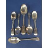 Georgian silver fiddle pattern tablespoon, together with three fiddle pattern dessert spoons and two