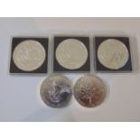 Canadian silver coins 2011 maple 1oz, 2013, 3 x Wood Bison $5, 2014 Falcon $5 (5)