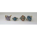 Four 9ct gem set dress rings to include a white gold diamond set example, 12.5g total (crossover