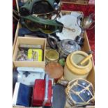 A box of interesting items to include silver plated items, a milk balance, a collection of vintage