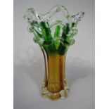 A retro art glass vase with unusual pierced rim decoration, 19cm high