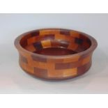 Treen parquetry pedestal fruit bowl, 27cm diameter