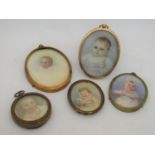 A collection of five late 19th / early 20th century miniature portraits of babies and children, all