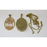 Group of gold jewellery comprising a 9ct locket with scalloped border, a pierced yellow metal