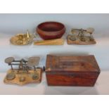 Two pairs of 19th century brass letter scales, with some weights, a regency mahogany tea caddy, pair
