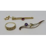 Group of 9ct jewellery comprising a keeper ring, ruby bar brooch and further Edwardian brooch set