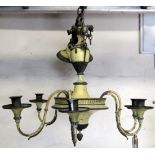 A neoclassical style six branch chandelier with foliate and reeded detail, pierced gallery and