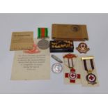 19th century tortoiseshell snuff box, 1887 florin (as a brooch) WWII defence medal and packaging (