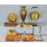 Two boxes of various miscellaneous items to include various metal wares to include a desk standish