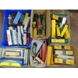 Large collection of unbranded North American style HO gauge locomotives coaches, box cars, wagons,