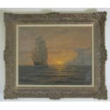 Francis Glusing (1886-1957) - Marine scene with three masted sailing vessel at sunset, oil on