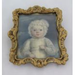 Early 19th century British school - Half length miniature portrait of a baby in white lace bonnet