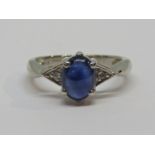 9ct white gold cabochon sapphire and diamond ring, size N, 3.4g
