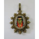 Egyptian Revival style micromosaic cicada pendant, with glazed compartment verso, in silver gilt,
