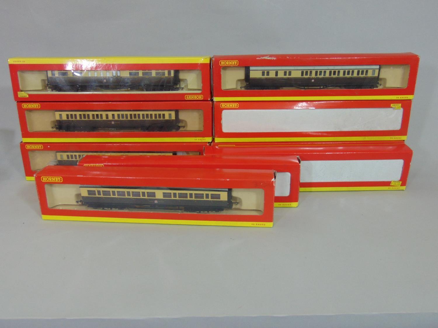 5 Hornby GWR Clerestory coaches and 4 GWR coaches all in chocolate/cream livery, in original