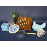 A box of interesting items to include a milk glass chicken egg basket, a further milk glass vase,