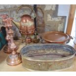 A good copper and brass spirit kettle in the arts and crafts manner, together with a further