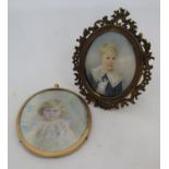 M K Early 20th century British school, half length miniature portrait of a fair hared blue eyed