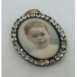 19th century British school - Shoulder length miniature portrait of a baby against a sky background,