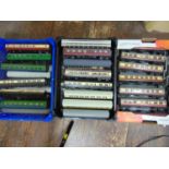 Approx 45 Hornby Dublo coaches together with 4 Hornby Dublo flat wagons (one repainted) (3 trays)