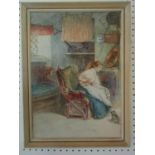 Late 19th century school - Cottage Interior with seated young lady and kitten, monogrammed WB,