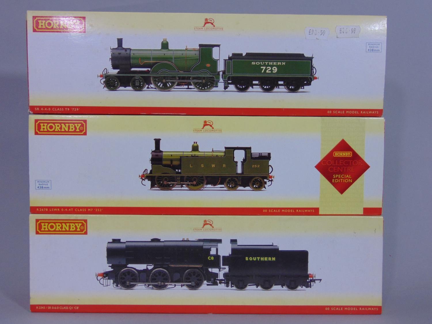 3 Hornby boxed locomotives incl R2343 SR 0-6-0 class Q1 C8, R2678 LSWR 0-4-0T Class M7 252 and R2711