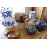 A mixed lot to include a carved treen wooden Hippo, pair of stitched leather clad tea light holders,