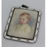 Early 20th century British school - Bust length miniature portrait of a brown eyed baby in green