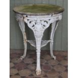 A cast iron Britannia head pub table of circular form with swept paw feet, painted finish beneath an